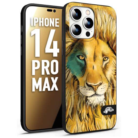 CUSTOMIZZA - Custodia cover nera morbida in tpu compatibile per iPhone 14 PRO MAX leone lion disegnato a mano giallo blu a rilievo artistico brown