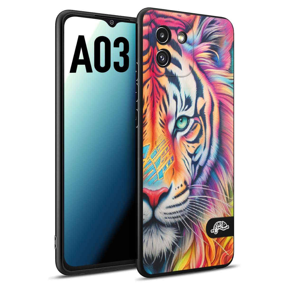 CUSTOMIZZA - Custodia cover nera morbida in tpu compatibile per Samsung A03 animali color tigre tiger viso colori vibranti disegnato schizzo