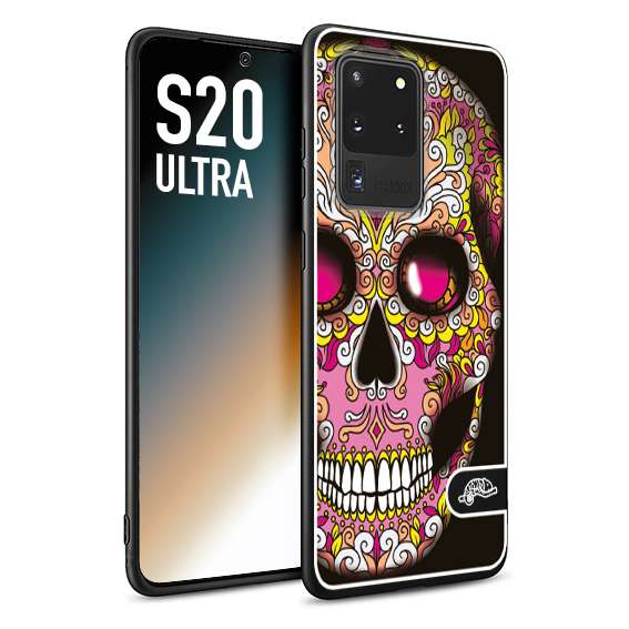 CUSTOMIZZA - Custodia cover nera morbida in tpu compatibile per Samsung S20 ULTRA teschio messicano Mexican skull rosa gialla