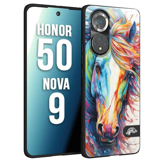 CUSTOMIZZA - Custodia cover nera morbida in tpu compatibile per Huawei Nova 9 - Honor 50 animali color cavallo horse viso colori vibranti disegnato schizzo