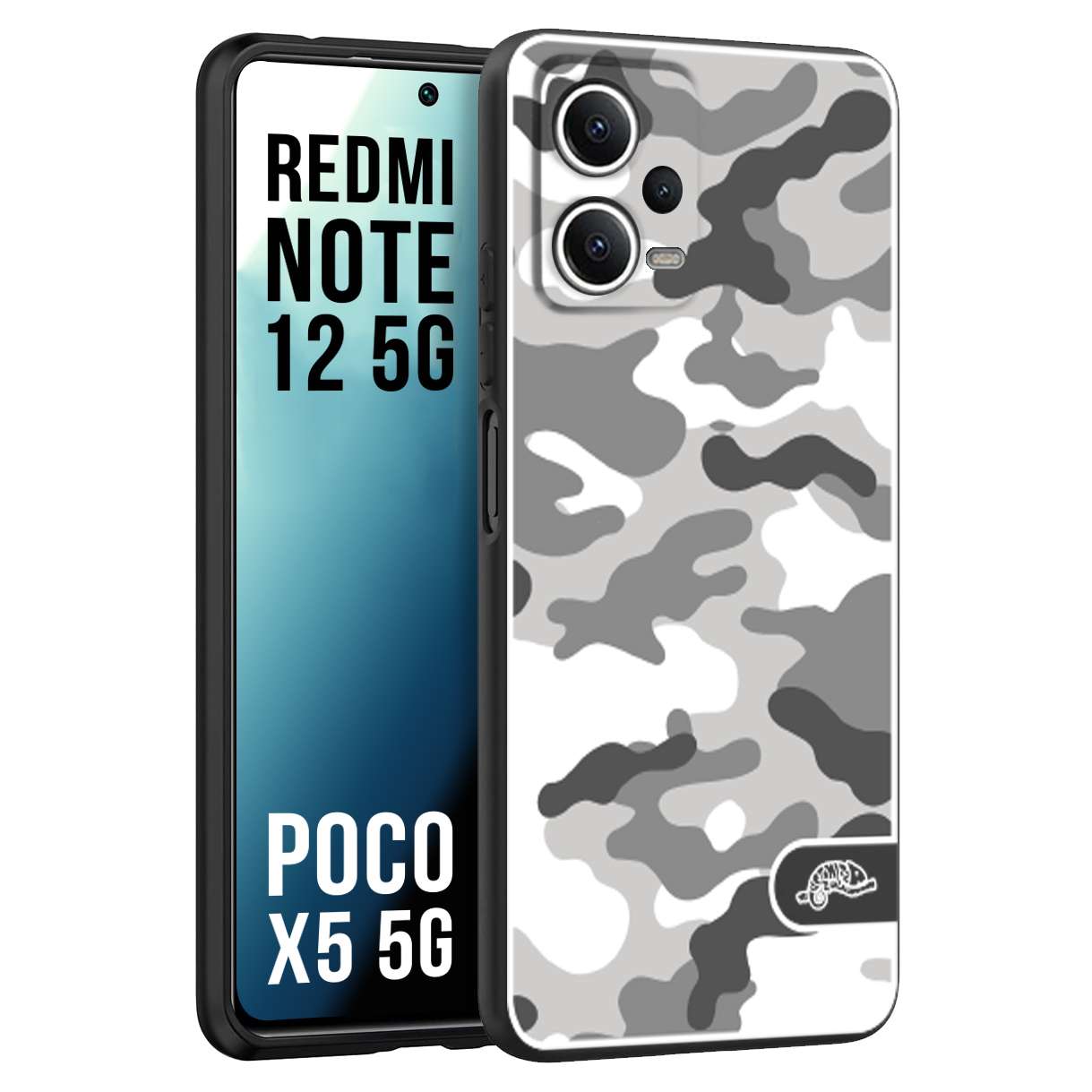 CUSTOMIZZA - Custodia cover nera morbida in tpu compatibile per Xiaomi Redmi Note 12 - POCO X5 5G camouflage mimetico militare bianco white