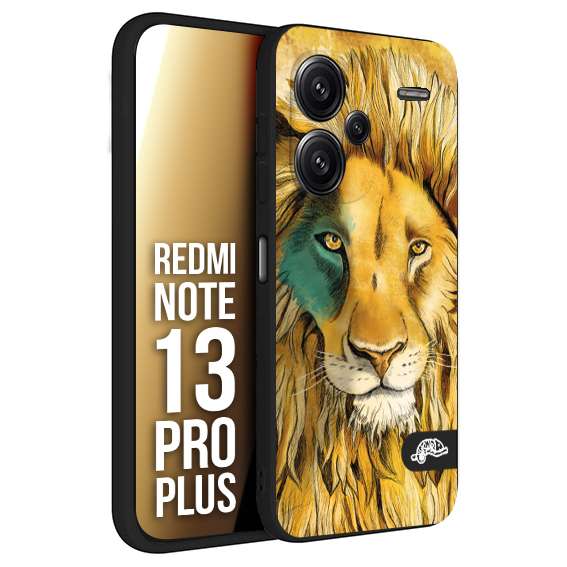 CUSTOMIZZA - Custodia cover nera morbida in tpu compatibile per Xiaomi Redmi Note 13 PRO PLUS leone lion disegnato a mano giallo blu a rilievo artistico brown