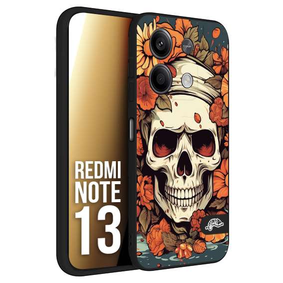 CUSTOMIZZA - Custodia cover nera morbida in tpu compatibile per Xiaomi Redmi Note 13 teschio skull flowers fiori tattoo disegnato alta definizione