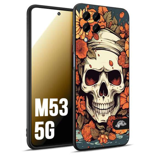 CUSTOMIZZA - Custodia cover nera morbida in tpu compatibile per Samsung M53 5G teschio skull flowers fiori tattoo disegnato alta definizione