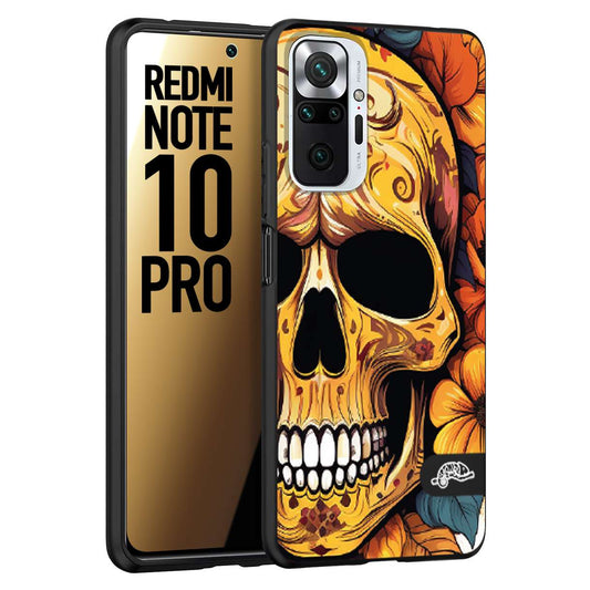 CUSTOMIZZA - Custodia cover nera morbida in tpu compatibile per Xiaomi Redmi Note 10 PRO teschio messicano colorato dorato fiori autunnali disegnato