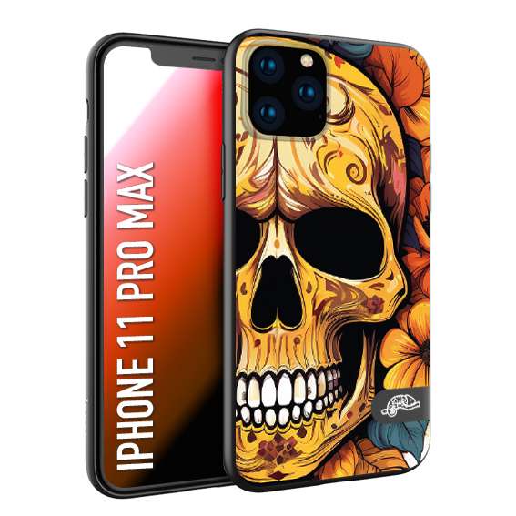 CUSTOMIZZA - Custodia cover nera morbida in tpu compatibile per iPhone 11 PRO MAX teschio messicano colorato dorato fiori autunnali disegnato