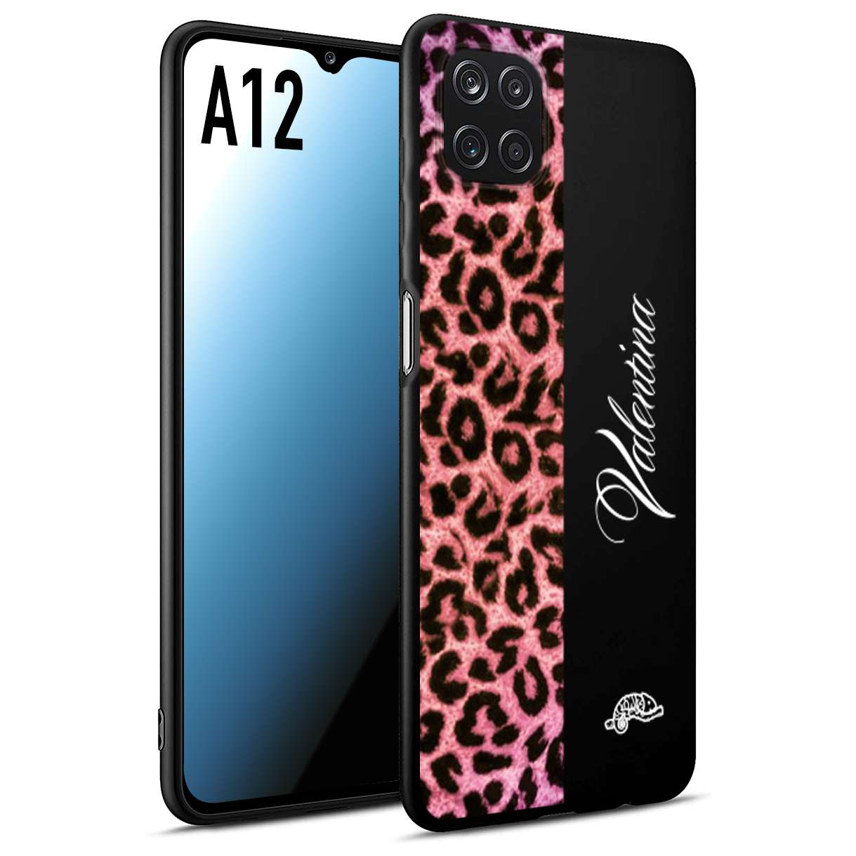 CUSTOMIZZA - Custodia cover nera morbida in tpu compatibile per Samsung A12 leopardato rosa fucsia personalizzata nome iniziali