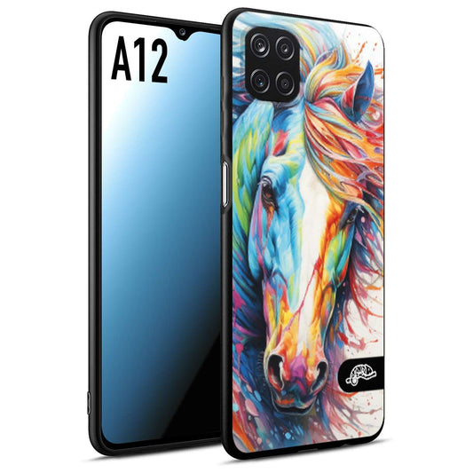 CUSTOMIZZA - Custodia cover nera morbida in tpu compatibile per Samsung A12 animali color cavallo horse viso colori vibranti disegnato schizzo