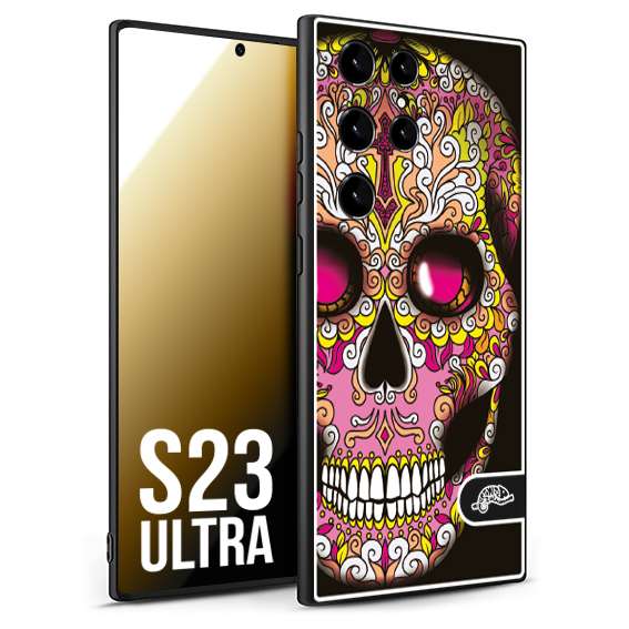 CUSTOMIZZA - Custodia cover nera morbida in tpu compatibile per Samsung S23 ULTRA teschio messicano Mexican skull rosa gialla