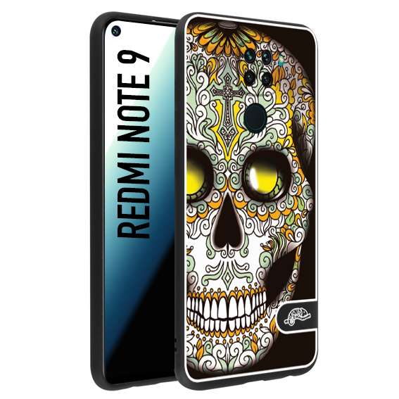 CUSTOMIZZA - Custodia cover nera morbida in tpu compatibile per Xiaomi Redmi Note 9 teschio messicano Mexican skull bianco verde giallo