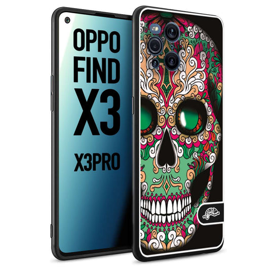 CUSTOMIZZA - Custodia cover nera morbida in tpu compatibile per Oppo Find X3 - Find X3 Pro 5G teschio messicano Mexican skull verde fucsia