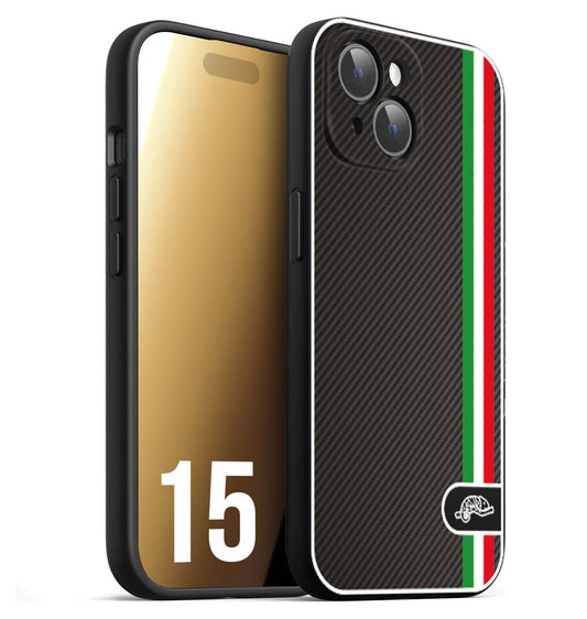 CUSTOMIZZA - Custodia cover nera morbida in tpu compatibile per iPhone 15 effetto fibra di carbonio bandiera Italia made in Italy