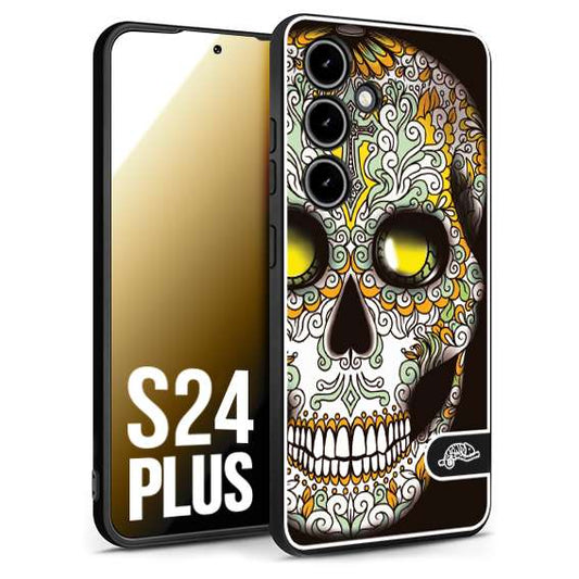 CUSTOMIZZA - Custodia cover nera morbida in tpu compatibile per Samsung S24 PLUS teschio messicano Mexican skull bianco verde giallo