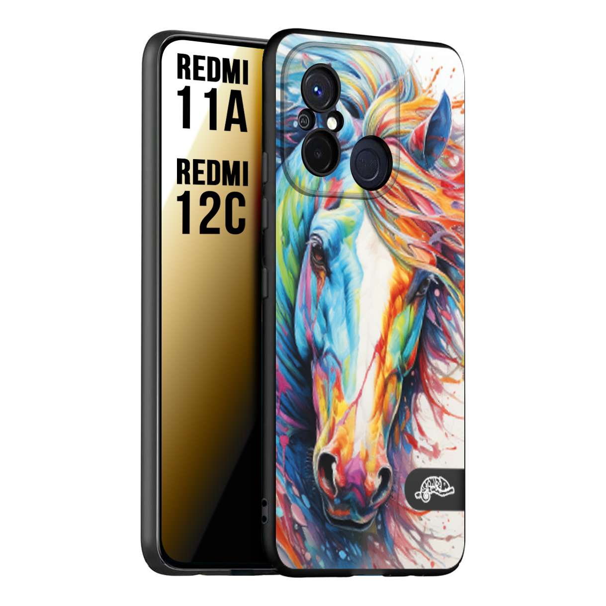 CUSTOMIZZA - Custodia cover nera morbida in tpu compatibile per Xiaomi Redmi 11A - 12C animali color cavallo horse viso colori vibranti disegnato schizzo