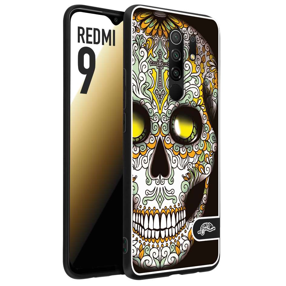 CUSTOMIZZA - Custodia cover nera morbida in tpu compatibile per Xiaomi Redmi 9 teschio messicano Mexican skull bianco verde giallo