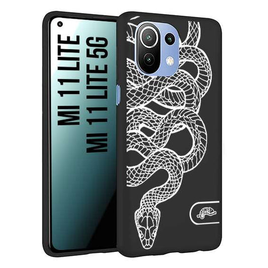 CUSTOMIZZA - Custodia cover nera morbida in tpu compatibile per Xiaomi Mi 11 Lite / Mi 11 Lite 5G serpente snake bianco a rilievo disegnato tattoo tatuaggio