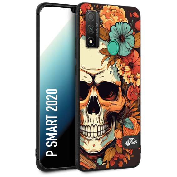 CUSTOMIZZA - Custodia cover nera morbida in tpu compatibile per Huawei P Smart 2020 teschio skull flowers fiori autunnali arancio celeste tattoo