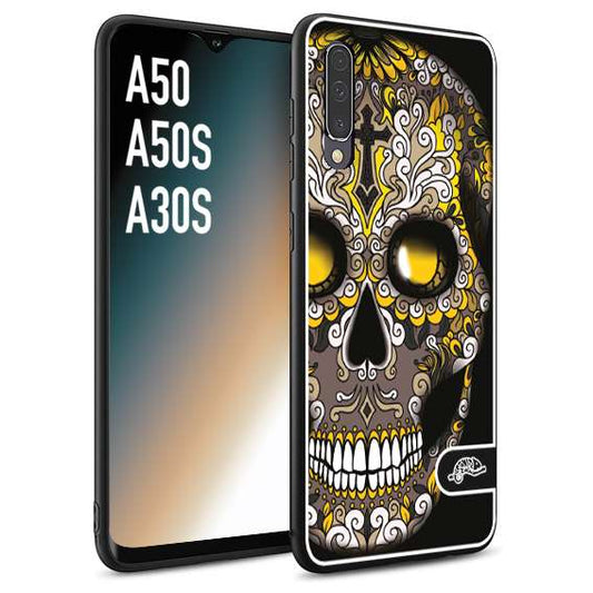 CUSTOMIZZA - Custodia cover nera morbida in tpu compatibile per Samsung A50 - A50S - A30S teschio messicano Mexican skull nero giallo