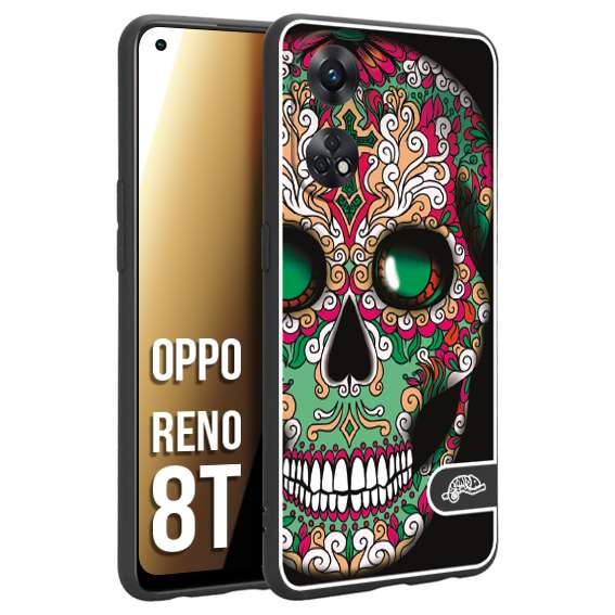 CUSTOMIZZA - Custodia cover nera morbida in tpu compatibile per Oppo Reno 8T teschio messicano Mexican skull verde fucsia