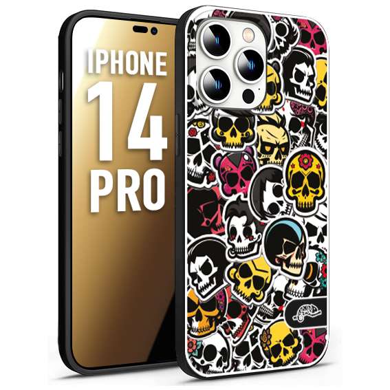 CUSTOMIZZA - Custodia cover nera morbida in tpu compatibile per iPhone 14 PRO sticker bomb teschi colorati adesivi skulls skater snowboard