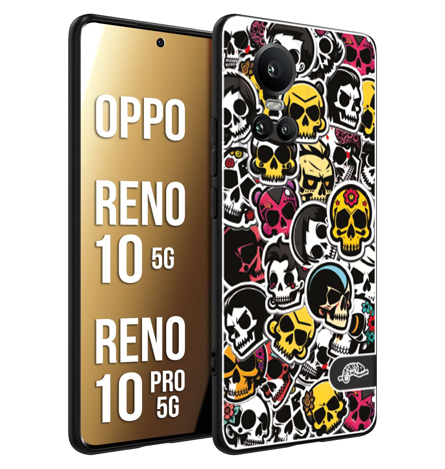 CUSTOMIZZA - Custodia cover nera morbida in tpu compatibile per Oppo Reno 10 5G - 10 PRO 5G sticker bomb teschi colorati adesivi skulls skater snowboard