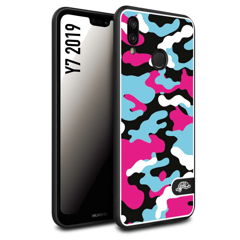 CUSTOMIZZA - Custodia cover nera morbida in tpu compatibile per Huawei Y7 2019 camouflage mimetico militare fucsia celeste