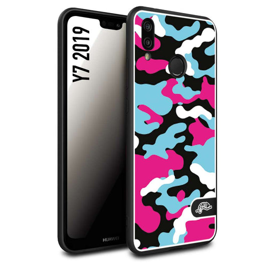 CUSTOMIZZA - Custodia cover nera morbida in tpu compatibile per Huawei Y7 2019 camouflage mimetico militare fucsia celeste