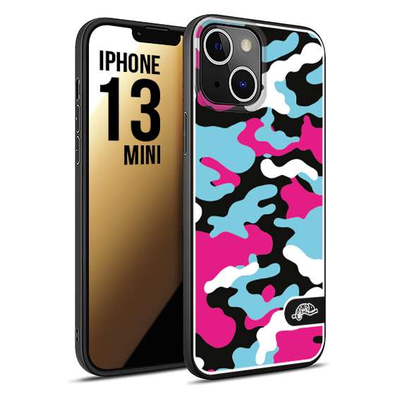 CUSTOMIZZA - Custodia cover nera morbida in tpu compatibile per iPhone 13 MINI camouflage mimetico militare fucsia celeste