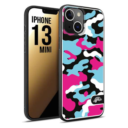 CUSTOMIZZA - Custodia cover nera morbida in tpu compatibile per iPhone 13 MINI camouflage mimetico militare fucsia celeste