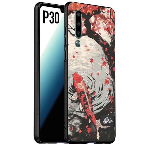 CUSTOMIZZA - Custodia cover nera morbida in tpu compatibile per Huawei P30 giapponese lago carpa koi rossa con foglie d'acero rosso disegnata tattoo