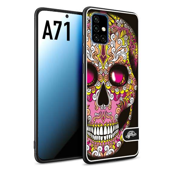 CUSTOMIZZA - Custodia cover nera morbida in tpu compatibile per Samsung A71 teschio messicano Mexican skull rosa gialla