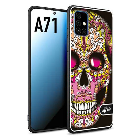 CUSTOMIZZA - Custodia cover nera morbida in tpu compatibile per Samsung A71 teschio messicano Mexican skull rosa gialla