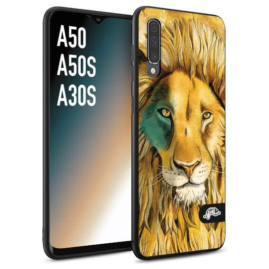 CUSTOMIZZA - Custodia cover nera morbida in tpu compatibile per Samsung A50 - A50S - A30S leone lion disegnato a mano giallo blu a rilievo artistico brown