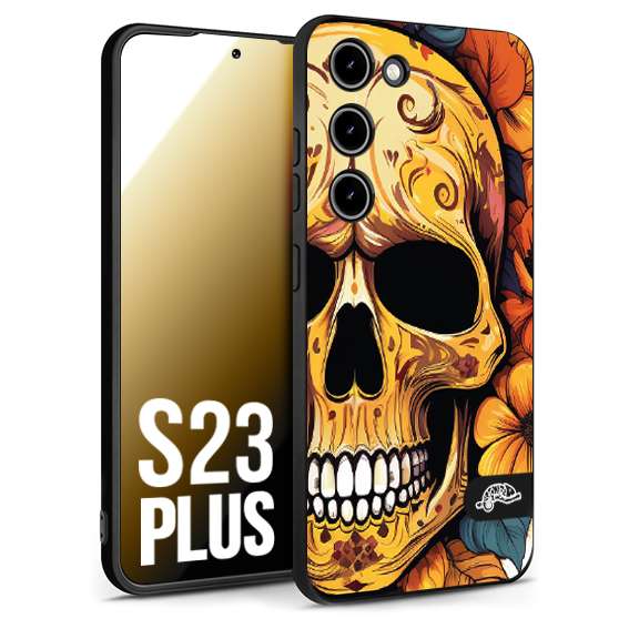 CUSTOMIZZA - Custodia cover nera morbida in tpu compatibile per Samsung S23 PLUS teschio messicano colorato dorato fiori autunnali disegnato