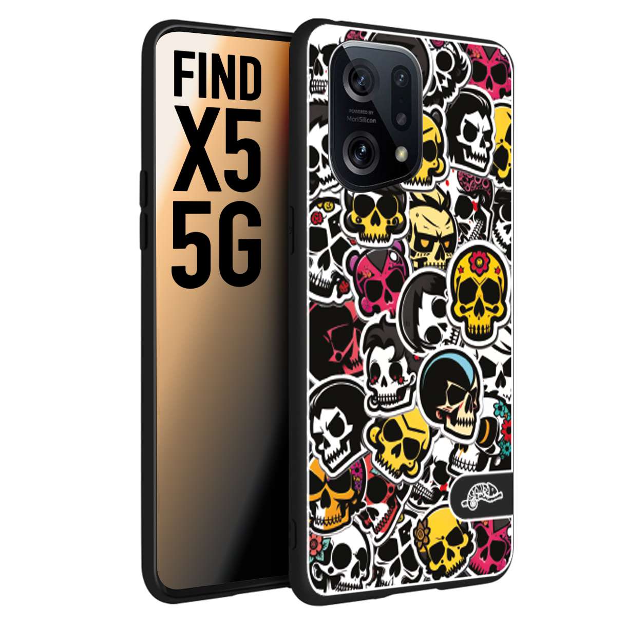 CUSTOMIZZA - Custodia cover nera morbida in tpu compatibile per Oppo Find X5 sticker bomb teschi colorati adesivi skulls skater snowboard