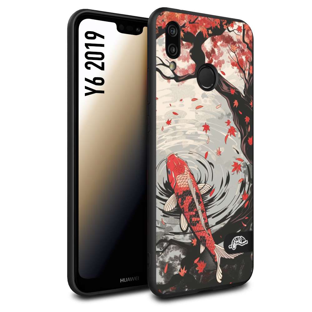 CUSTOMIZZA - Custodia cover nera morbida in tpu compatibile per Huawei Y6 2019 giapponese lago carpa koi rossa con foglie d'acero rosso disegnata tattoo