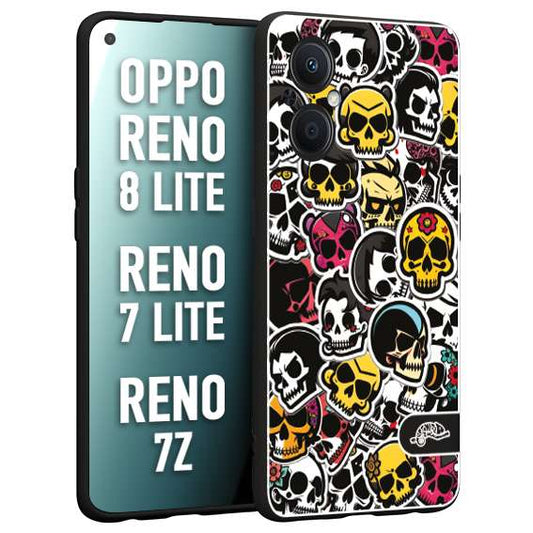 CUSTOMIZZA - Custodia cover nera morbida in tpu compatibile per Oppo Reno 7 Lite - 8 Lite - 7Z sticker bomb teschi colorati adesivi skulls skater snowboard