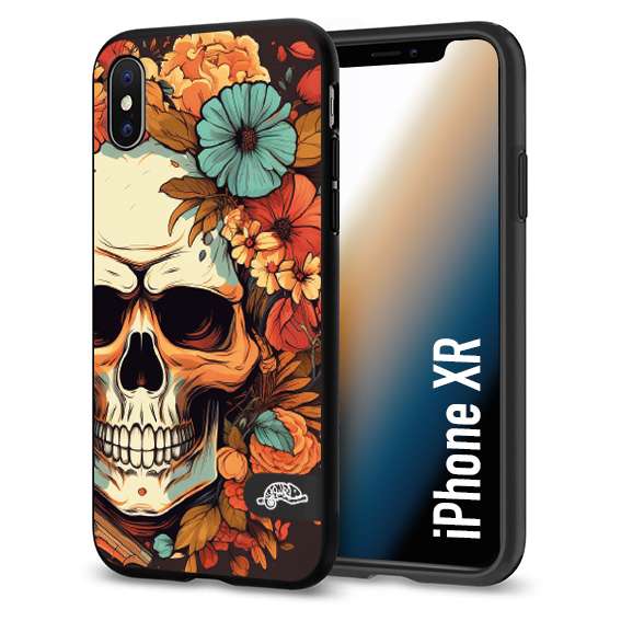 CUSTOMIZZA - Custodia cover nera morbida in tpu compatibile per iPhone Xr teschio skull flowers fiori autunnali arancio celeste tattoo