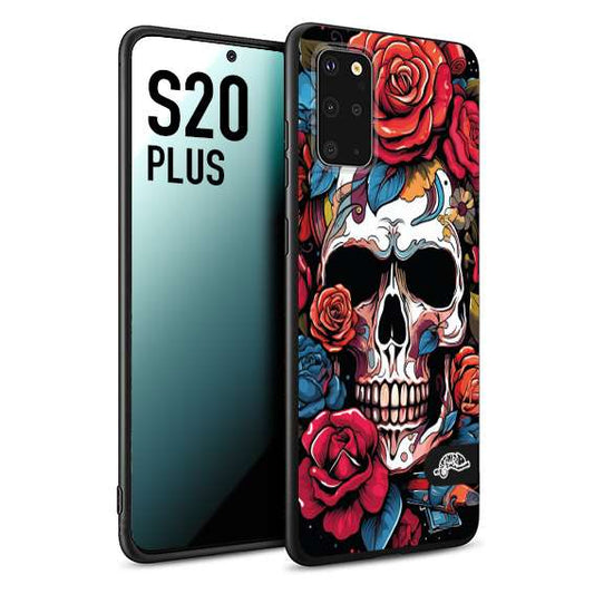 CUSTOMIZZA - Custodia cover nera morbida in tpu compatibile per Samsung S20 PLUS teschio skull flowers fiori rose rosse tattoo disegnato