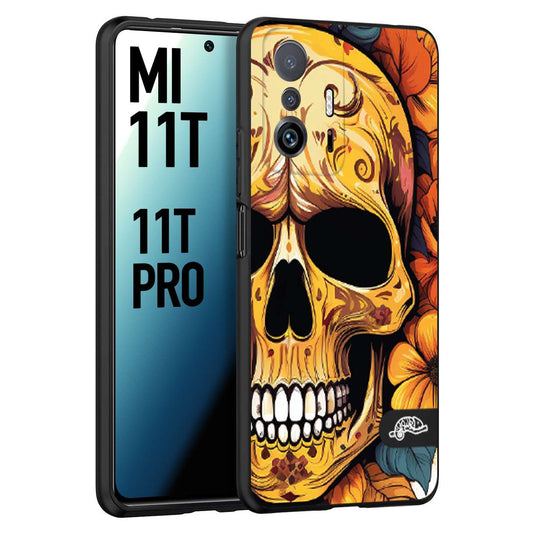 CUSTOMIZZA - Custodia cover nera morbida in tpu compatibile per Xiaomi Mi 11T - Mi 11T PRO teschio messicano colorato dorato fiori autunnali disegnato