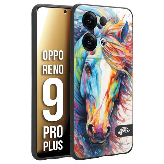 CUSTOMIZZA - Custodia cover nera morbida in tpu compatibile per Oppo Reno 9 PRO PLUS animali color cavallo horse viso colori vibranti disegnato schizzo