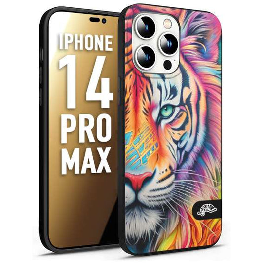 CUSTOMIZZA - Custodia cover nera morbida in tpu compatibile per iPhone 14 PRO MAX animali color tigre tiger viso colori vibranti disegnato schizzo