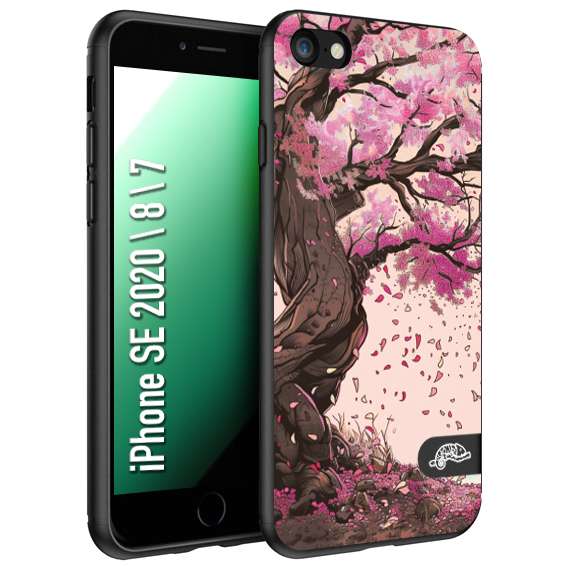 CUSTOMIZZA - Custodia cover nera morbida in tpu compatibile per iPhone 7 - 8 - SE 2020 / 2022 giapponese colori morbidi fiori di ciliegio rosa disegnata