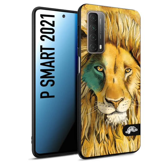 CUSTOMIZZA - Custodia cover nera morbida in tpu compatibile per Huawei P Smart 2021 leone lion disegnato a mano giallo blu a rilievo artistico brown