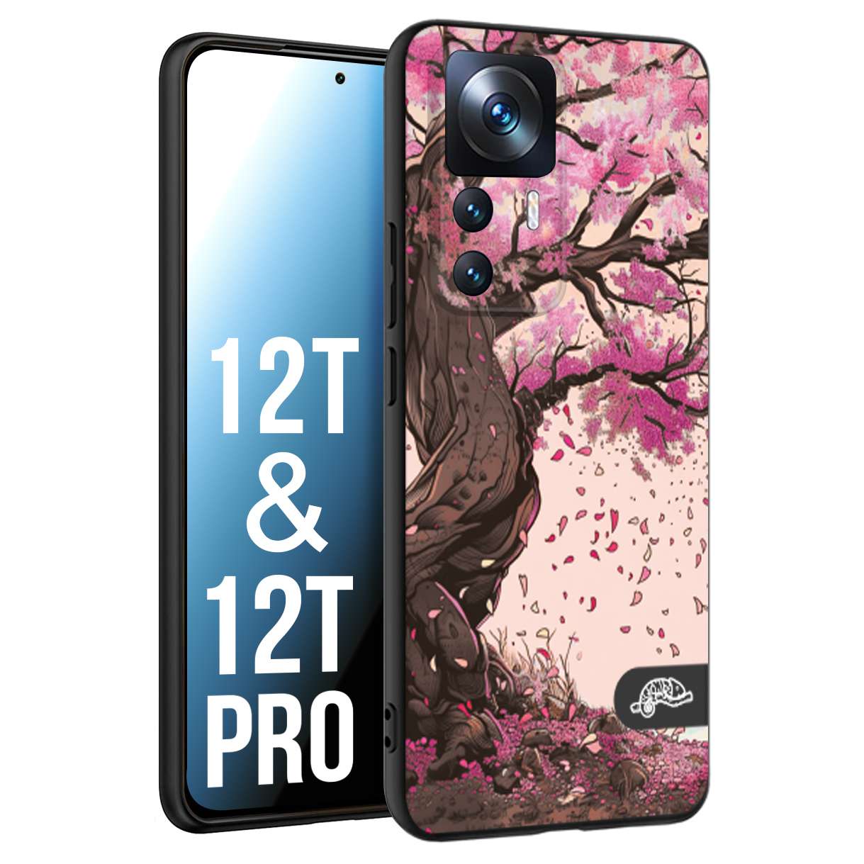 CUSTOMIZZA - Custodia cover nera morbida in tpu compatibile per Xiaomi 12T - 12T PRO giapponese colori morbidi fiori di ciliegio rosa disegnata