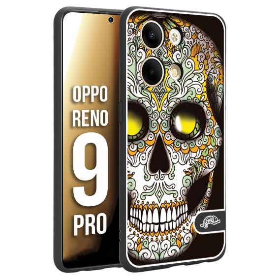 CUSTOMIZZA - Custodia cover nera morbida in tpu compatibile per Oppo Reno 9 PRO teschio messicano Mexican skull bianco verde giallo