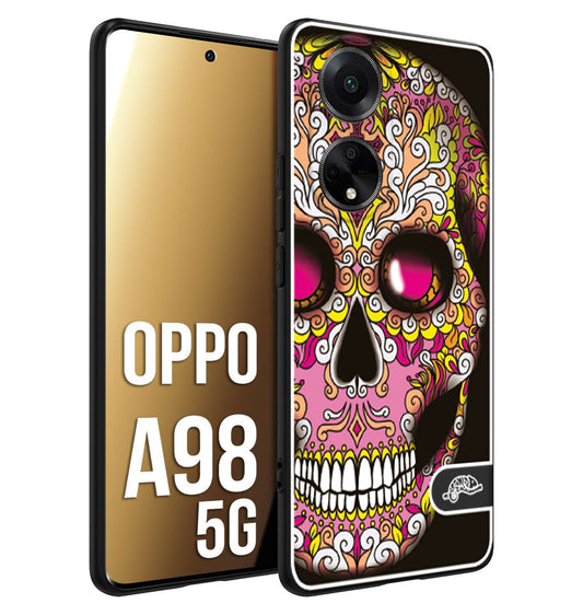 CUSTOMIZZA - Custodia cover nera morbida in tpu compatibile per Oppo A98 5G teschio messicano Mexican skull rosa gialla