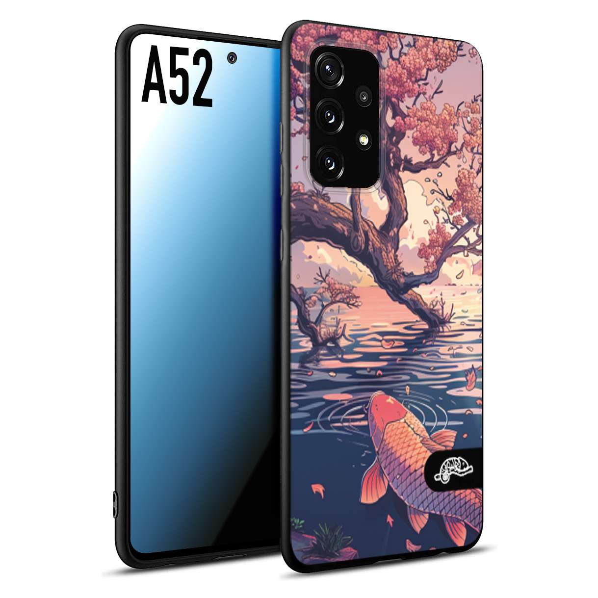 CUSTOMIZZA - Custodia cover nera morbida in tpu compatibile per Samsung A52 giapponese lago carpa koi rosa con foglie d'acero disegnata tattoo