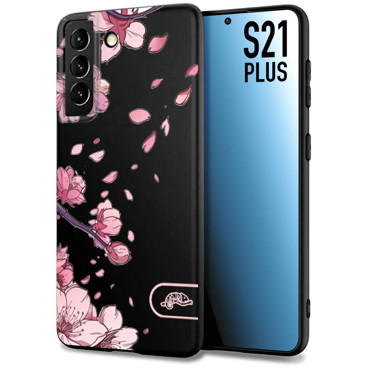 CUSTOMIZZA - Custodia cover nera morbida in tpu compatibile per Samsung S21 PLUS giapponese fiori di ciliegio in fiore a rilievo disegnata tattoo