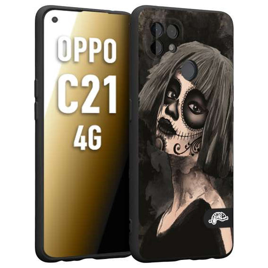 CUSTOMIZZA - Custodia cover nera morbida in tpu compatibile per Oppo Realme C21 4G chicana messicana dea de la muerte donna santa tattoo disegnata